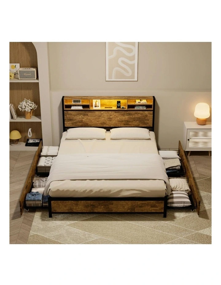 RGB LED USB Charge Industrial Headboard Drawers Bed Frame Storage King in Brown image 7