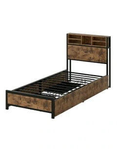 RGB LED USB Charge Industrial Headboard Drawers Bed Frame Storage Single in Brown