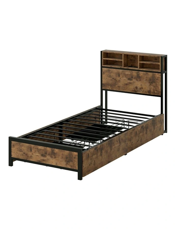 RGB LED USB Charge Industrial Headboard Drawers Bed Frame Storage Single in Brown image 1