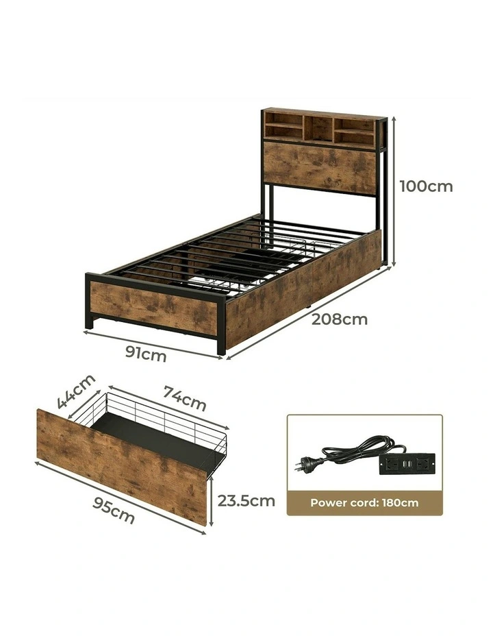 RGB LED USB Charge Industrial Headboard Drawers Bed Frame Storage Single in Brown image 3