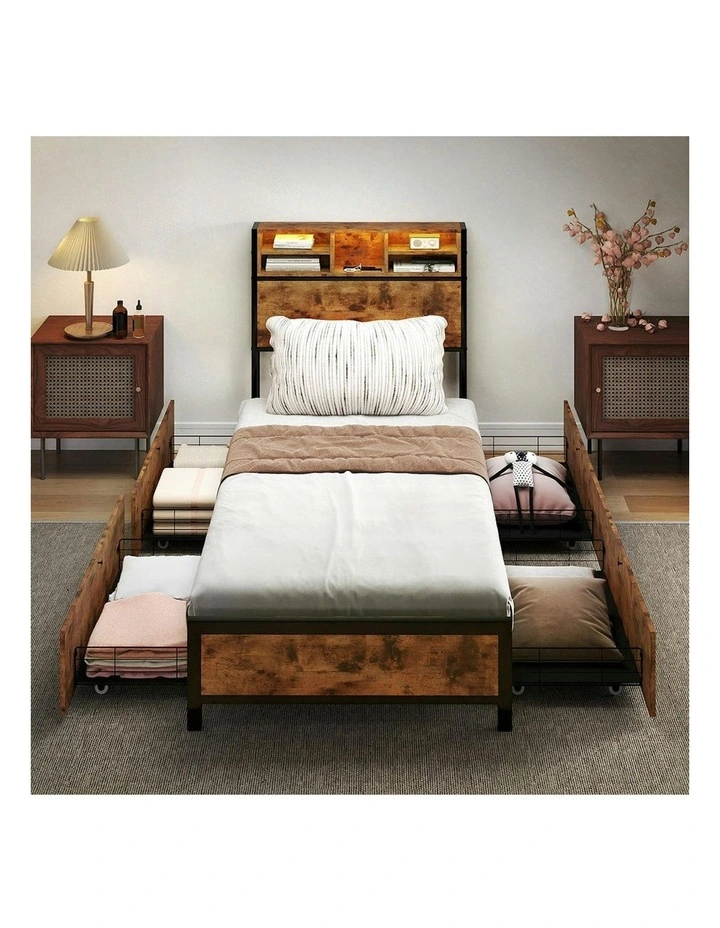 RGB LED USB Charge Industrial Headboard Drawers Bed Frame Storage Single in Brown image 7