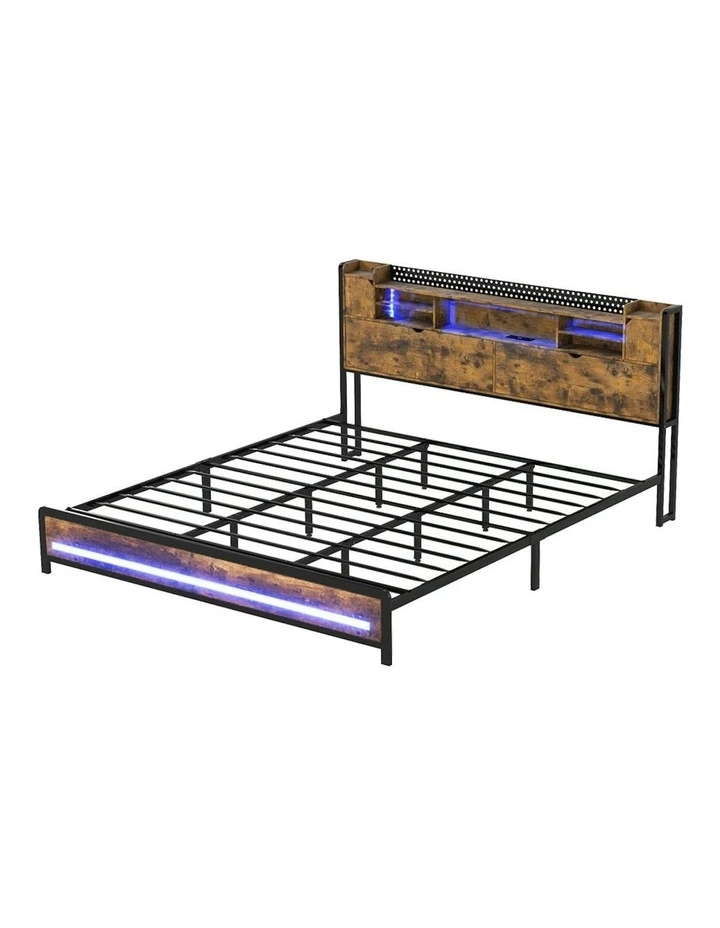 Headboard Shelf Industrial RGB Light LED Charging Bed Frame Storage King in Brown image 1