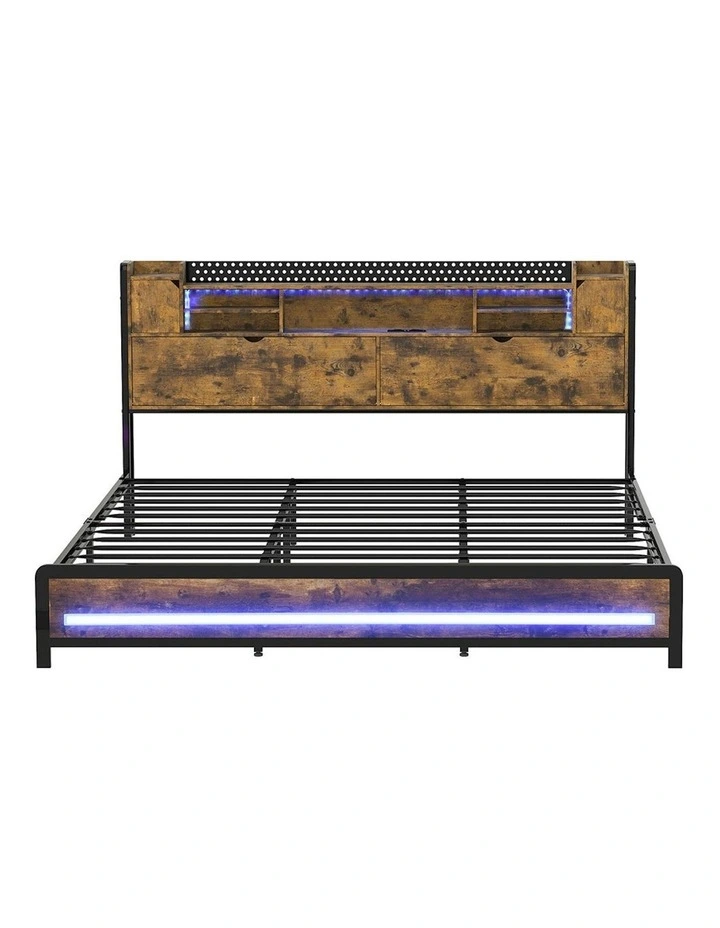 Headboard Shelf Industrial RGB Light LED Charging Bed Frame Storage King in Brown image 2
