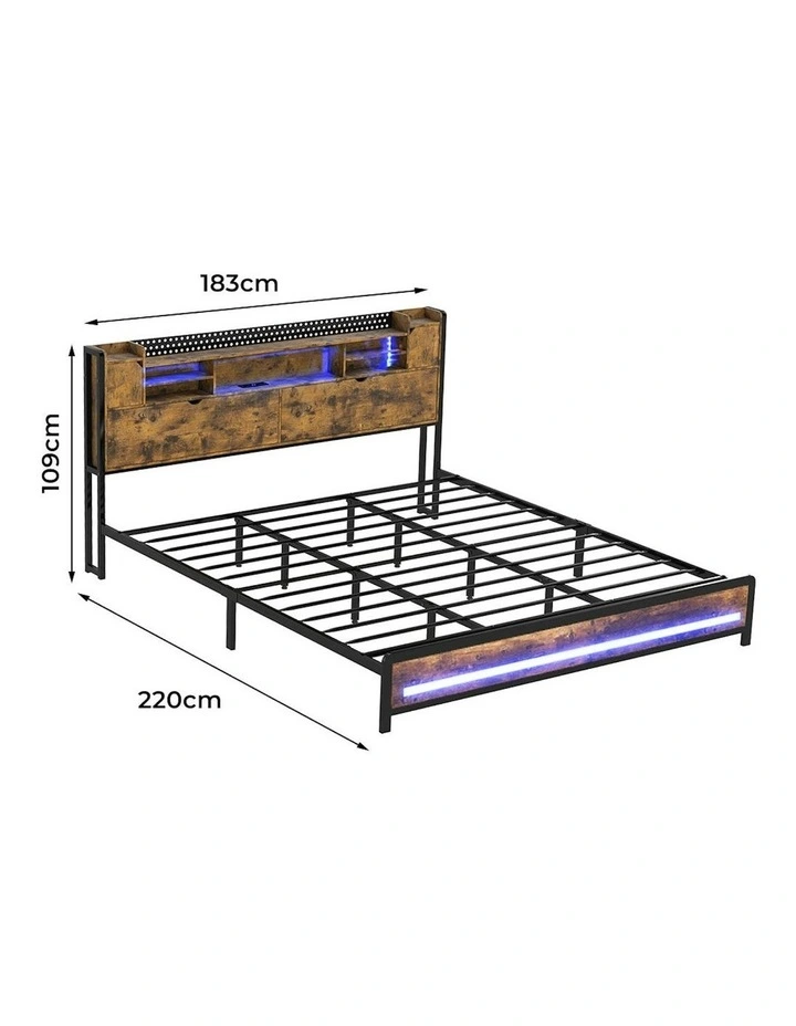 Headboard Shelf Industrial RGB Light LED Charging Bed Frame Storage King in Brown image 3