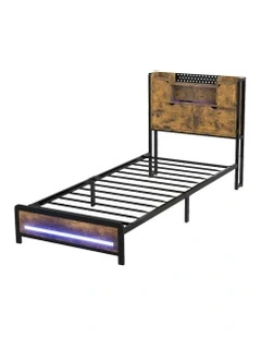 Headboard Industrial RGB Light LED Charging Bed Frame Storage Single in Brown
