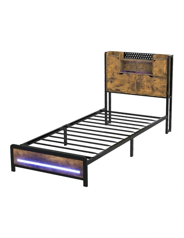 Headboard Industrial RGB Light LED Charging Bed Frame Storage Single in Brown image 1