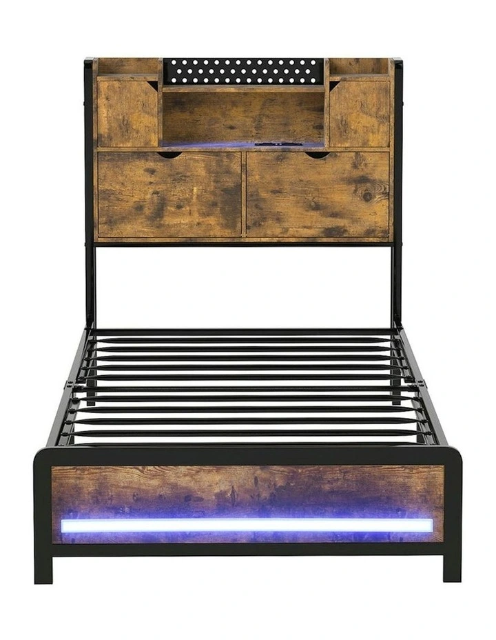 Headboard Industrial RGB Light LED Charging Bed Frame Storage Single in Brown image 2