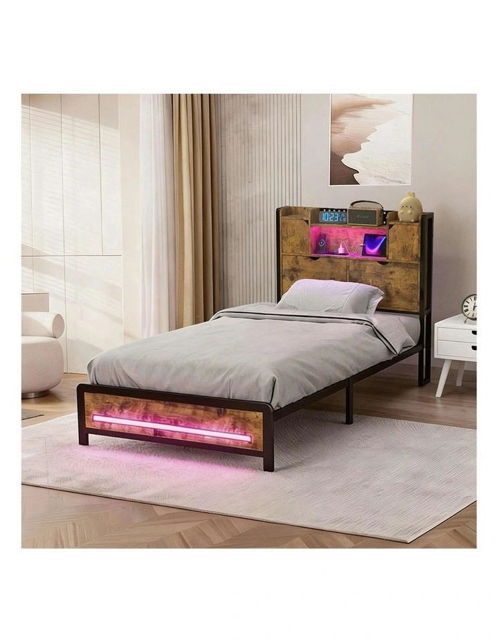 Headboard Industrial RGB Light LED Charging Bed Frame Storage Single in Brown image 7
