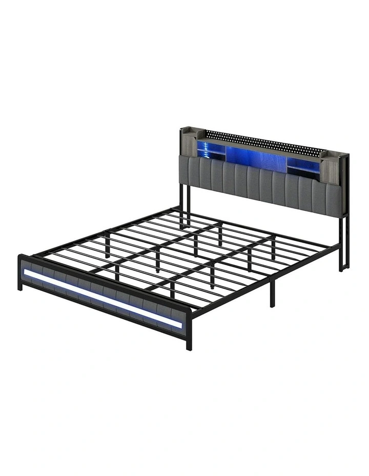 Linen Upholstered Storage Headboard LED Charging Bed Frame King 2 Ports in Grey image 1