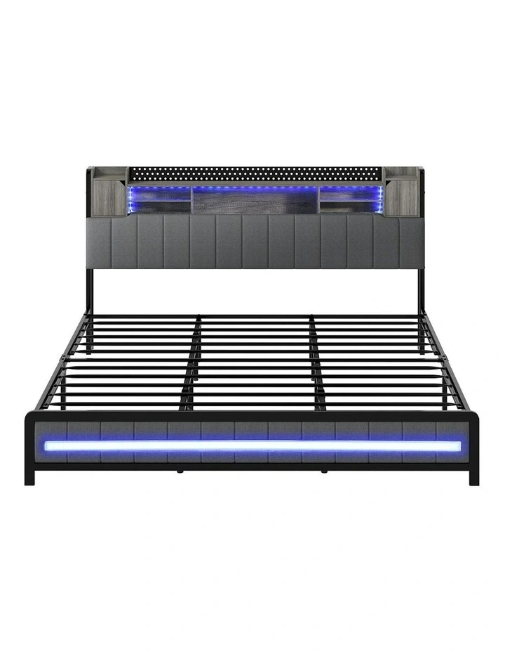 Linen Upholstered Storage Headboard LED Charging Bed Frame King 2 Ports in Grey image 2