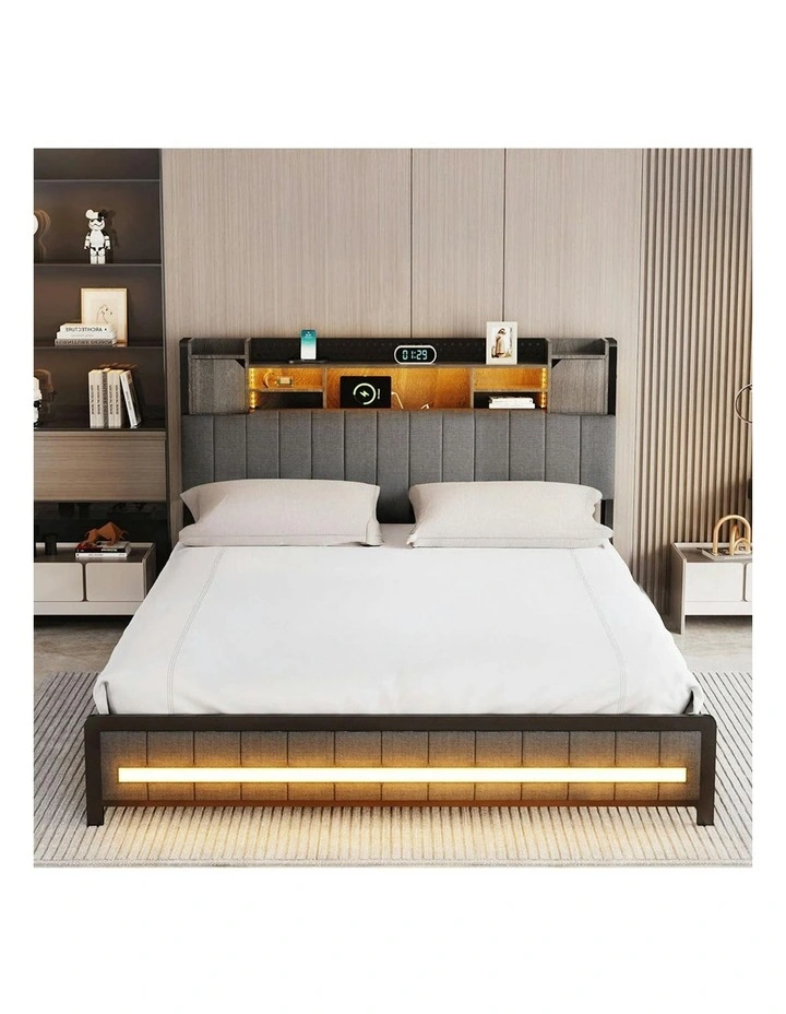 Linen Upholstered Storage Headboard LED Charging Bed Frame King 2 Ports in Grey image 7