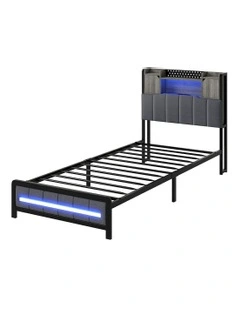 Linen Upholstered Storage Headboard LED Charging Bed Frame Single 2 Ports in Grey