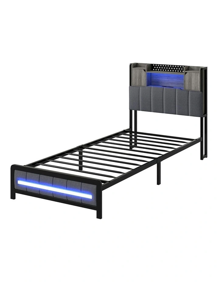 Linen Upholstered Storage Headboard LED Charging Bed Frame Single 2 Ports in Grey image 1
