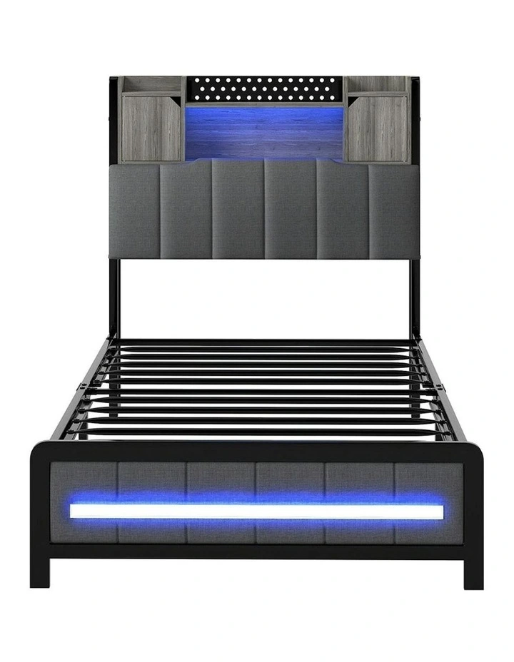 Linen Upholstered Storage Headboard LED Charging Bed Frame Single 2 Ports in Grey image 2