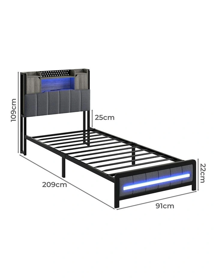 Linen Upholstered Storage Headboard LED Charging Bed Frame Single 2 Ports in Grey image 3