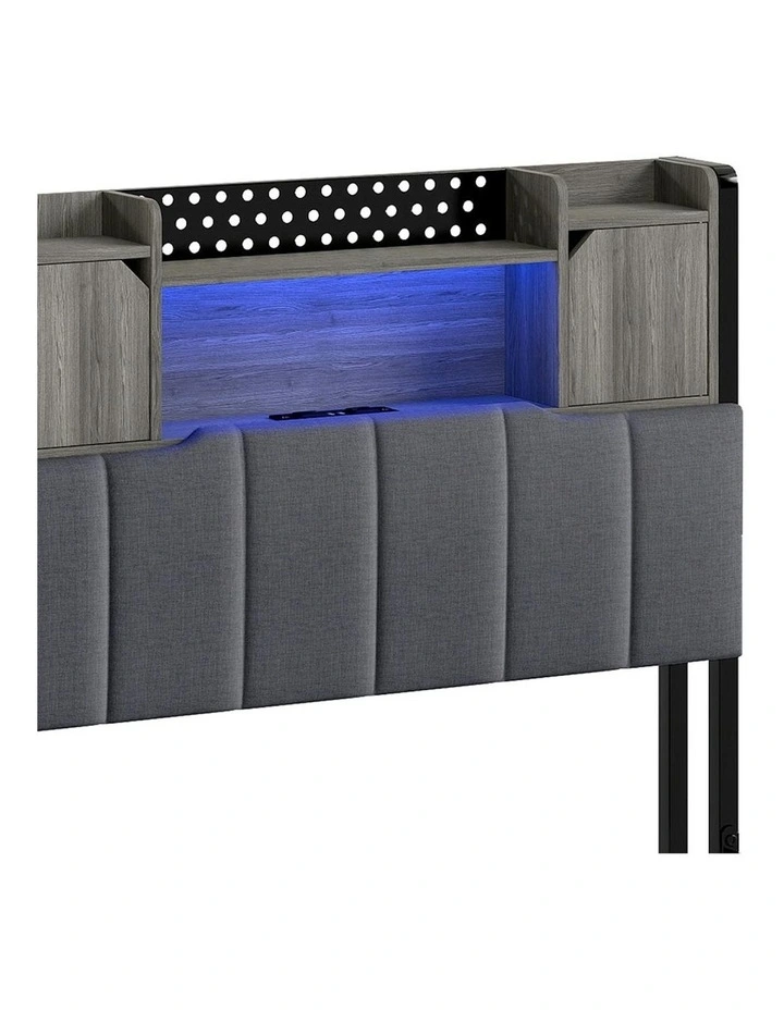 Linen Upholstered Storage Headboard LED Charging Bed Frame Single 2 Ports in Grey image 4