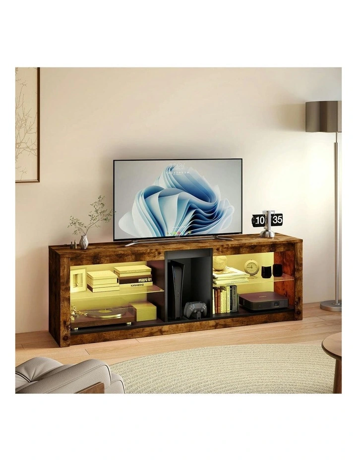 Cabinet Glass Display Storage Shelves RGB LED Lights TV Unit Stand 140cm in Brown image 7