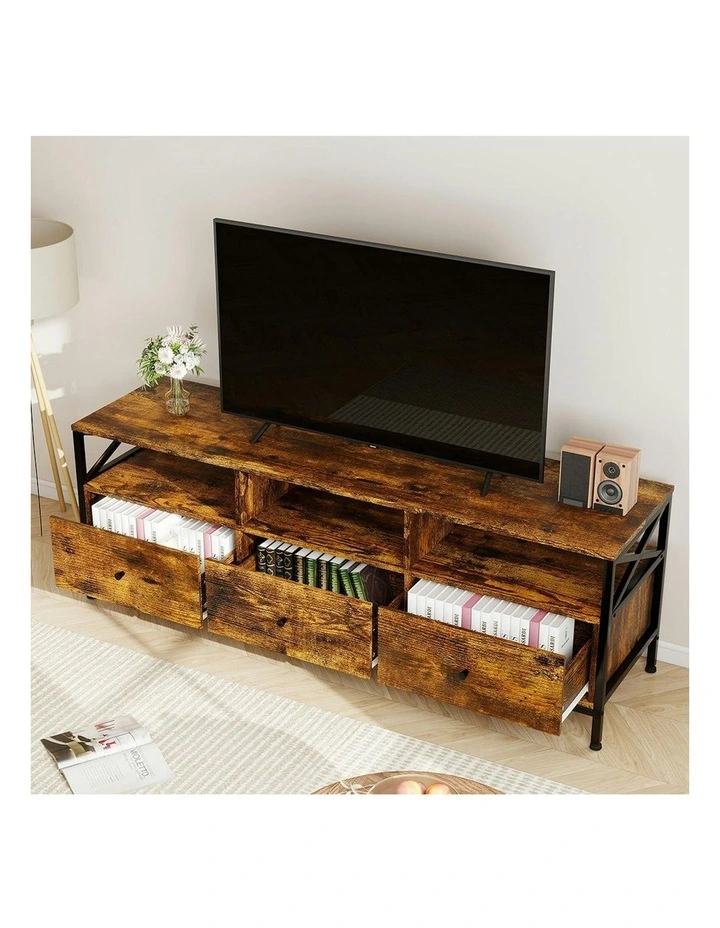 Entertainment Wood TV Unit 3 Drawers 3 Shelves TV Stand Cabinet 147cm in Brown image 7