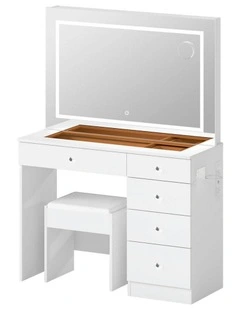 Dressing Table Led Makeup Mirror Stool Set Vanity Desk 5 Storage Drawer in White