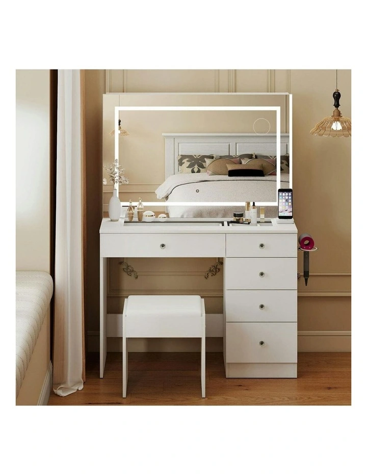 Dressing Table Led Makeup Mirror Stool Set Vanity Desk 5 Storage Drawer in White image 7