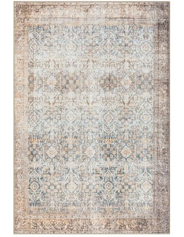 Krisna Traditional Distressed Washable Rug in Brown and Blue