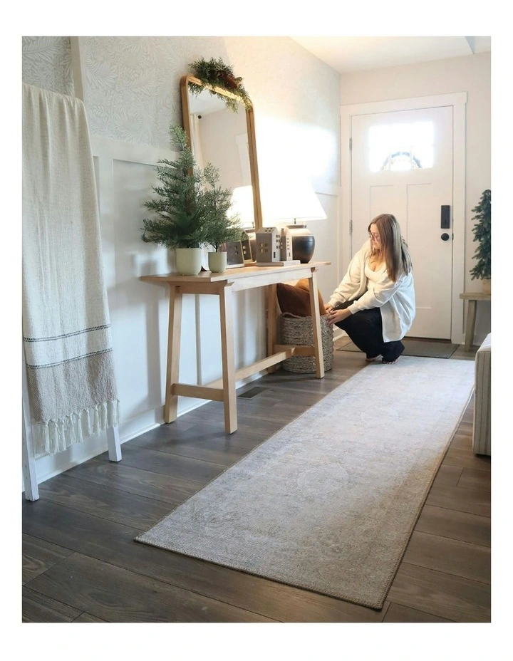 Tinka Traditional Distressed Washable Runner Rug in Beige/Grey image 2