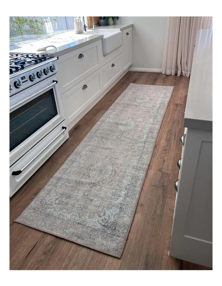 Tinka Traditional Distressed Washable Runner Rug in Beige/Grey image 7