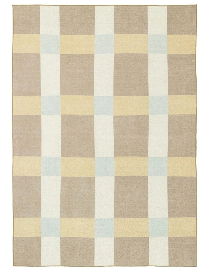 Nice Checkered Indoor Outdoor Rug in Beige Sand/Sky Blue image 1