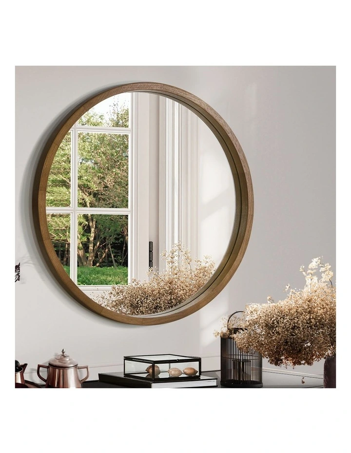 Wooden Wall Round Mirror 80cm in Natural image 2