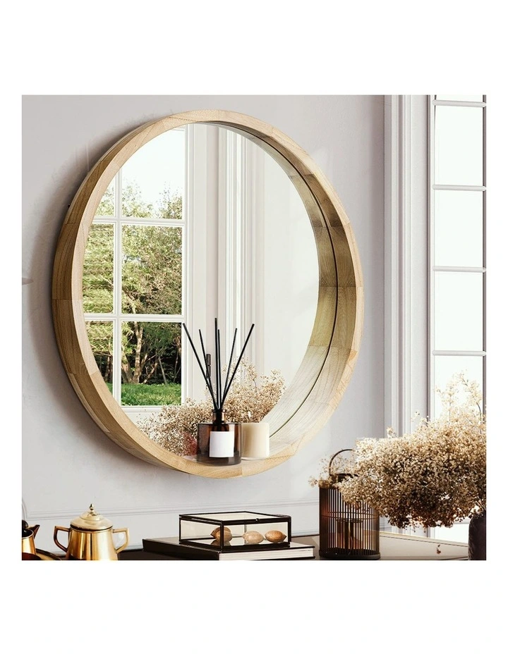 Wooden Wall Round Mirror 60cm in Natural image 2