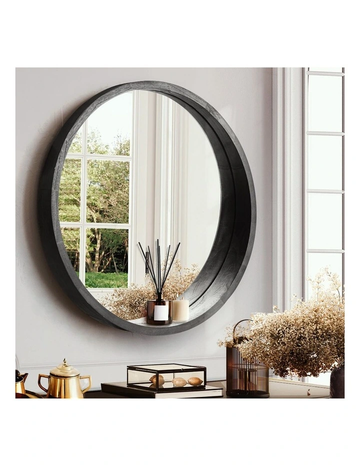 Wooden Wall Round Mirror 60cm in Black image 2