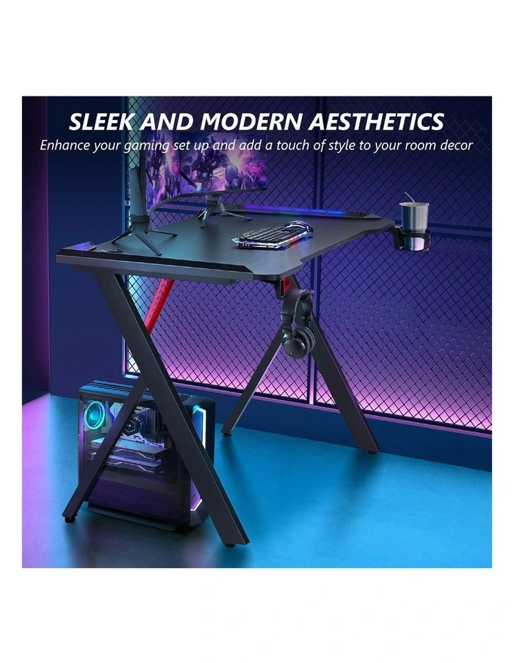 RGB LED Carbon Fiber Computer Office X Shaped Desk 120cm in Black image 5