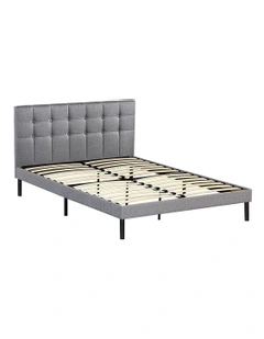 Double Platform Bed Frame With Upholstered Headboard Strong Wooden Slats in Gray