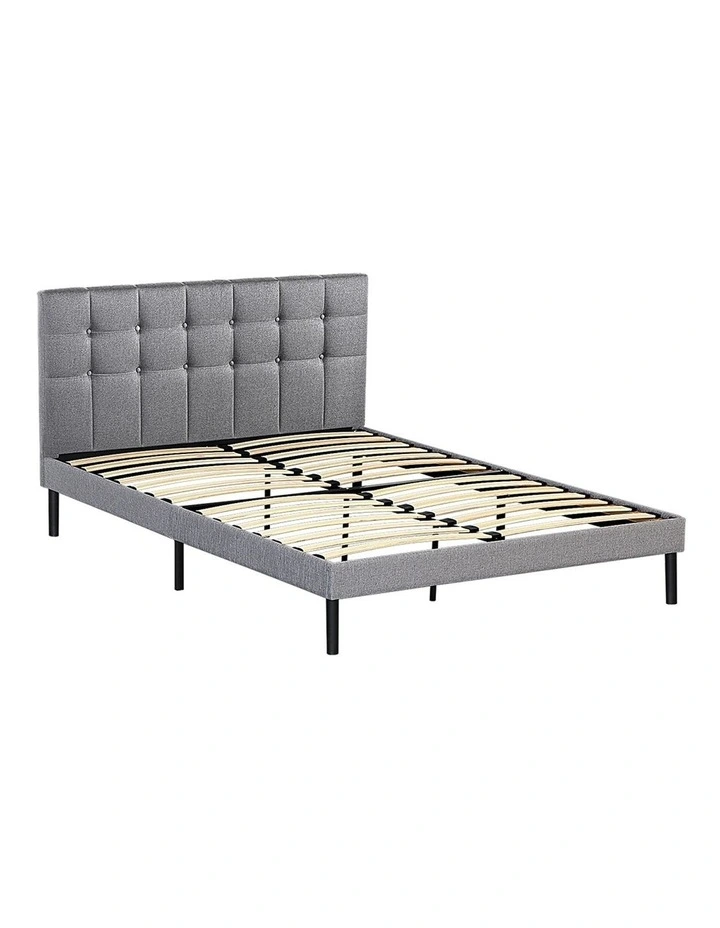 Double Platform Bed Frame With Upholstered Headboard Strong Wooden Slats in Gray image 1