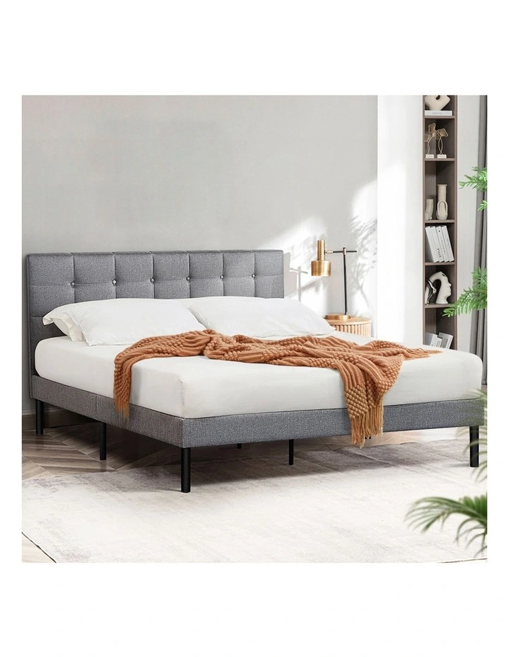 Double Platform Bed Frame With Upholstered Headboard Strong Wooden Slats in Gray image 2