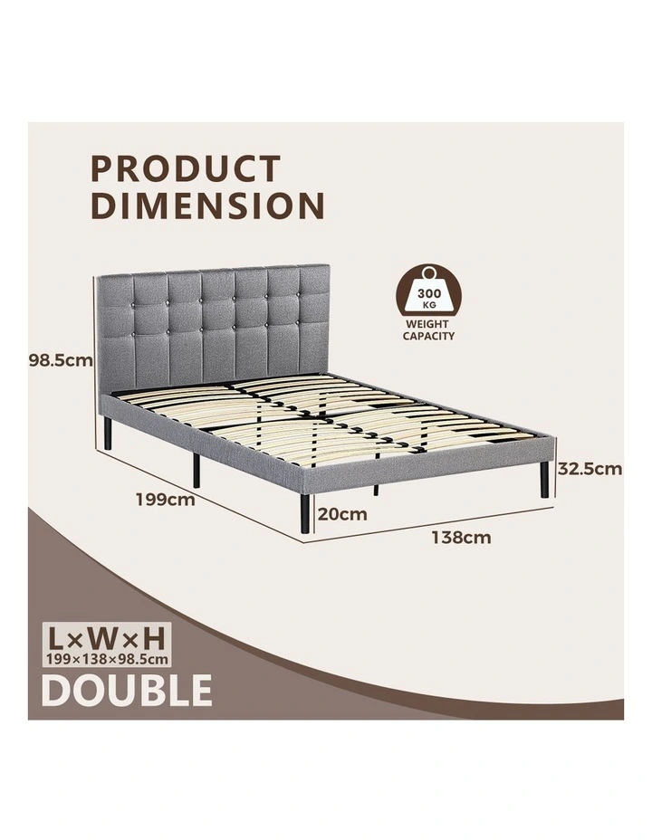Double Platform Bed Frame With Upholstered Headboard Strong Wooden Slats in Gray image 3
