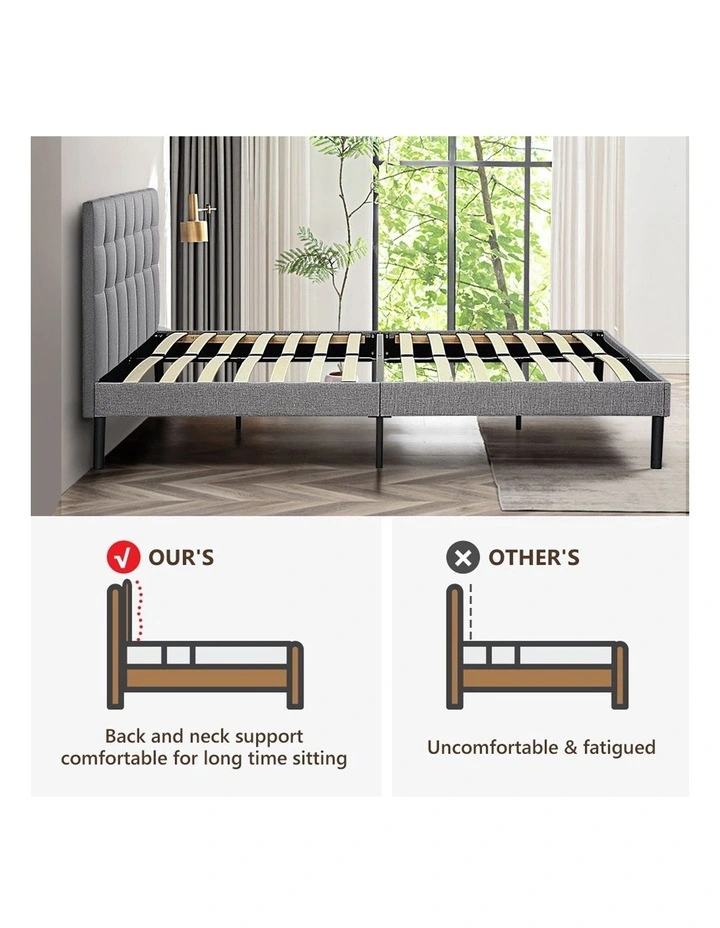Double Platform Bed Frame With Upholstered Headboard Strong Wooden Slats in Gray image 7
