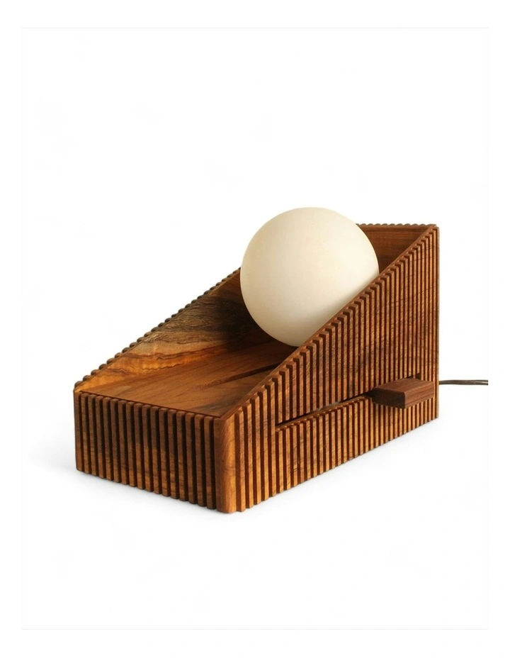 Hand-Cut Teak Wood Sliding Lamp in Natural image 1