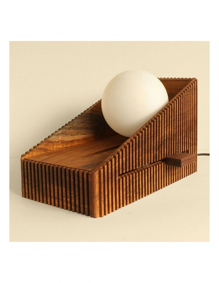 Hand-Cut Teak Wood Sliding Lamp in Natural image 6