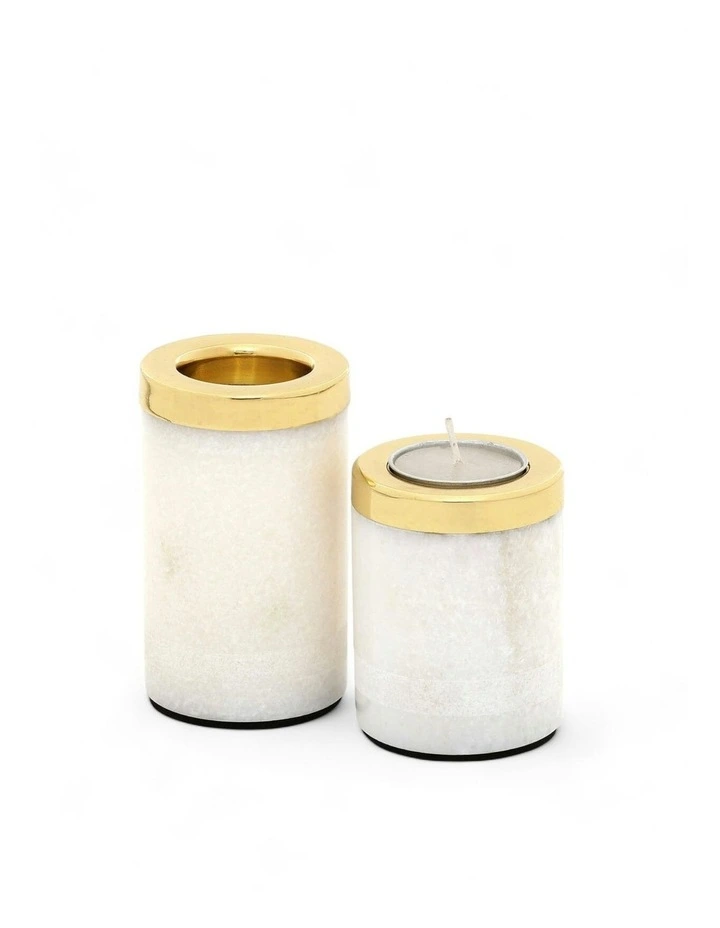 Stone-Turned Brass & White Marble Tealight Holders (Set of 2) image 1