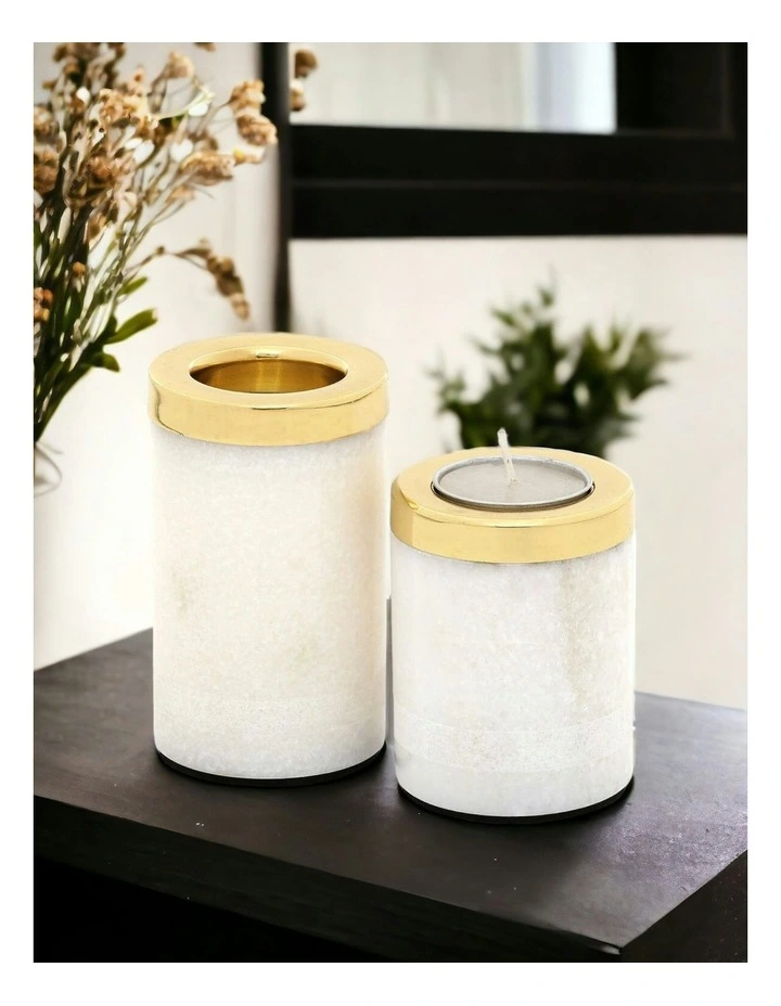 Stone-Turned Brass & White Marble Tealight Holders (Set of 2) image 2