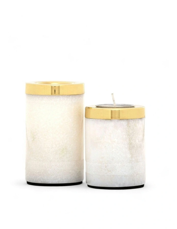 Stone-Turned Brass & White Marble Tealight Holders (Set of 2) image 3