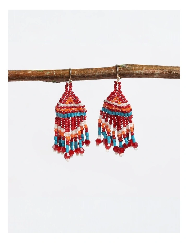 Handmade Czech Seed Beads Dangle Earrings in Red image 2