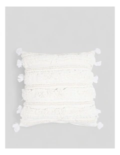 Hand Tufted 16x16in Cotton Cushion Cover With Frayed Tassels in White