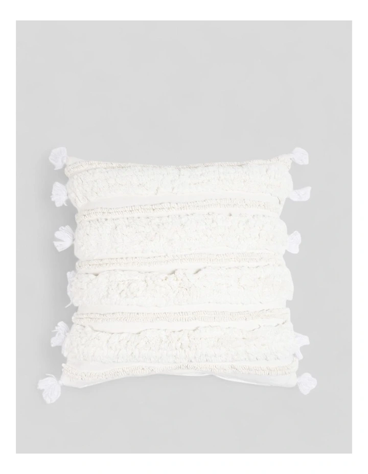 Hand Tufted 16x16in Cotton Cushion Cover With Frayed Tassels in White image 1