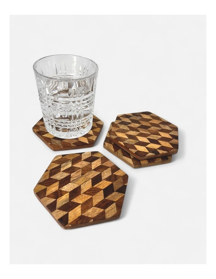 Geometric Handmade Hexagonal Wooden Coasters Set of 4 in Brown image 1