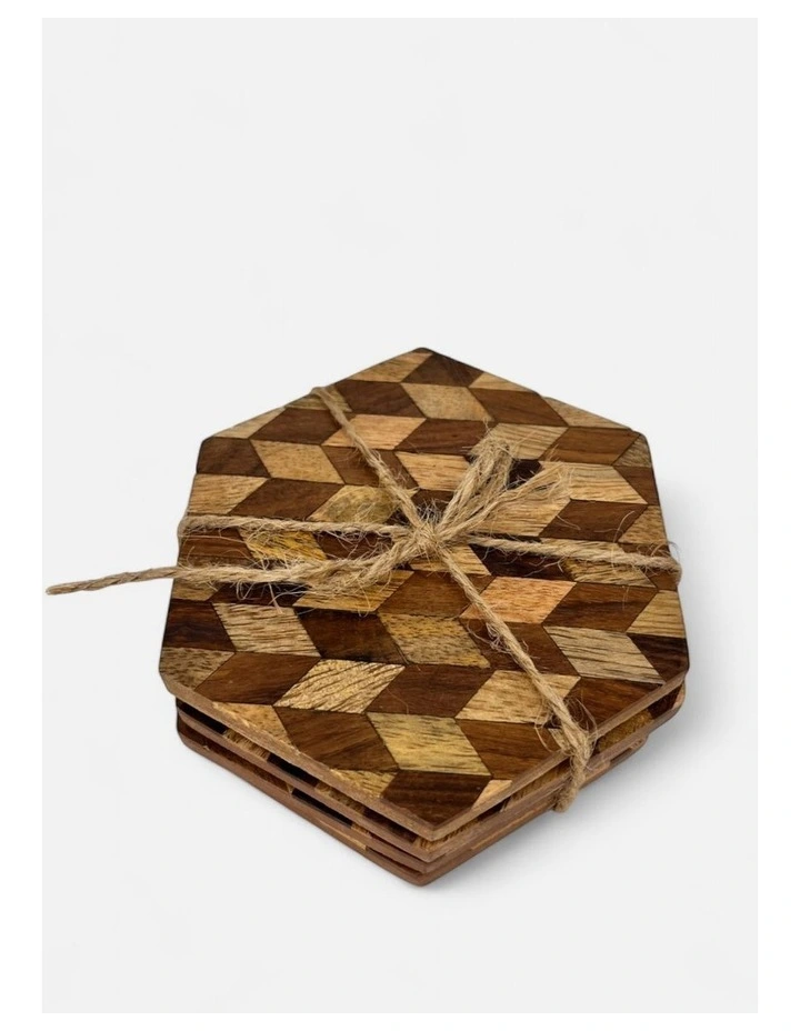 Geometric Handmade Hexagonal Wooden Coasters Set of 4 in Brown image 2