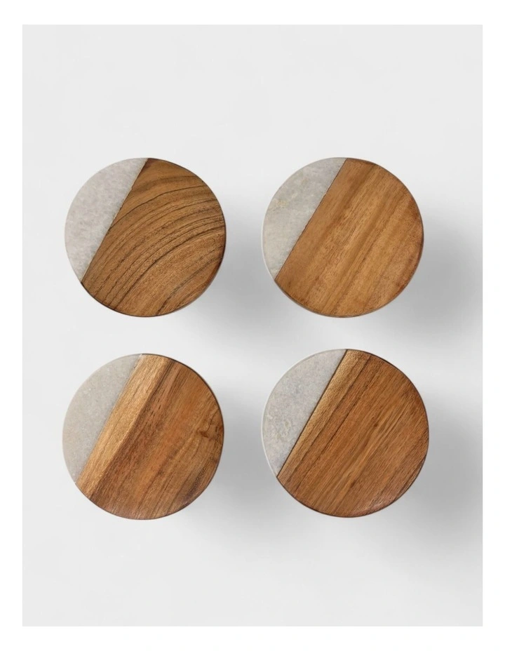 Hand Cut Mango Wood And White Marble Round Coasters Set of 4 in Brown image 1