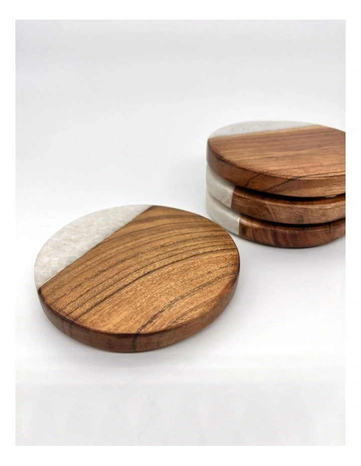 Hand Cut Mango Wood And White Marble Round Coasters Set of 4 in Brown image 2