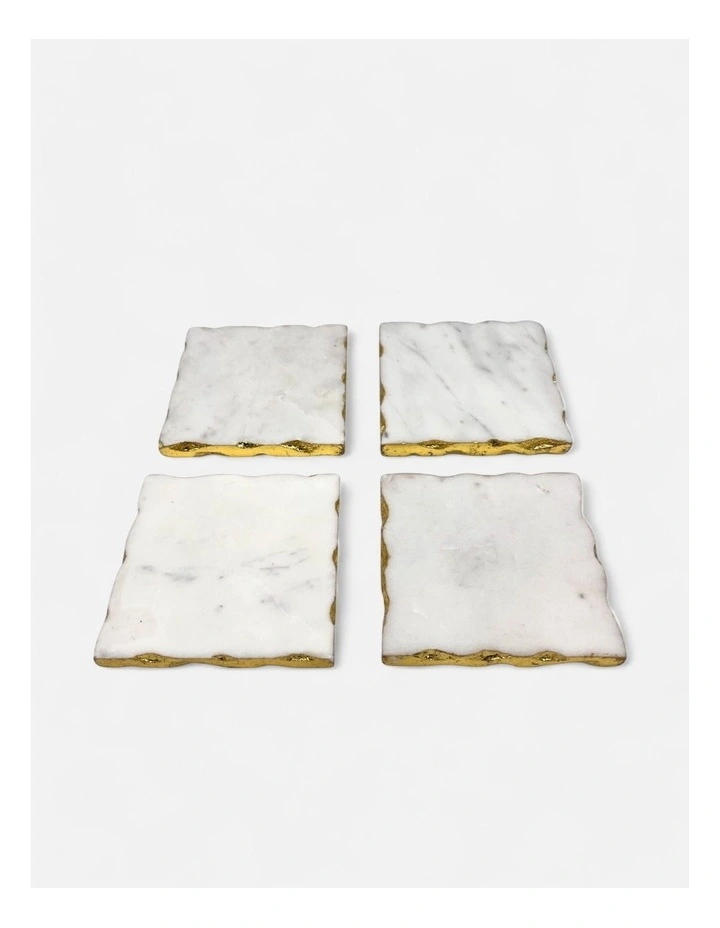 Hand Carved Marble Square Coasters With Gold Edging Set of 4 in White image 1